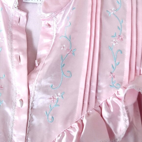 Vintage Jaclyn Smith Pink Satin Nightgown Sz M Long Sleeve Ruffle Lace Milkmaid - Picture 3 of 10